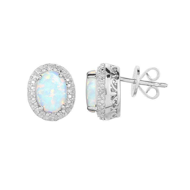 Sterling Silver Lab-Created White Opal & 1/10 Carat T.W. Diamond Oval Halo Stud Earrings, Womens Product Image