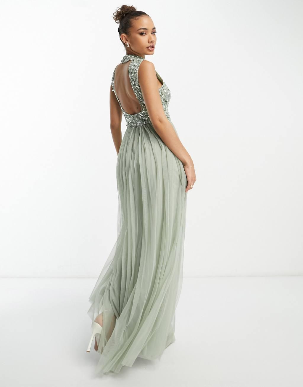 Beauut Bridesmaid 2 in 1 embellished maxi dress with full tulle skirt in sage  Product Image