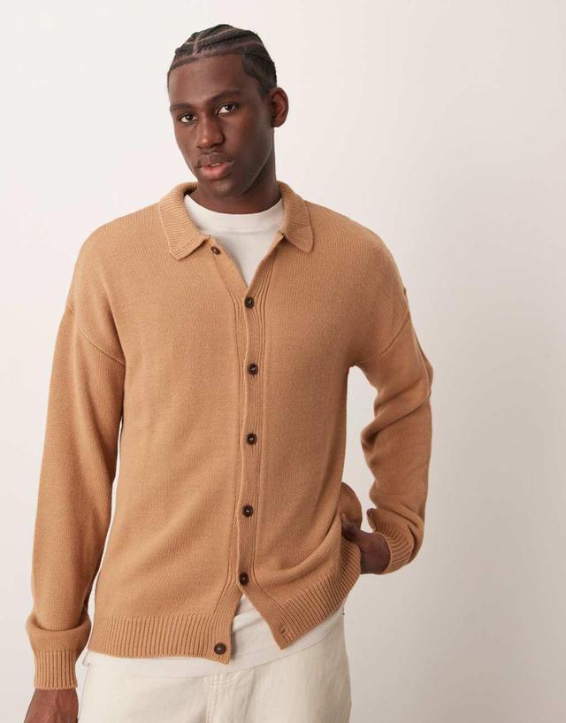 ASOS DESIGN relaxed boxy fit knitted cardigan with collar in stone Product Image