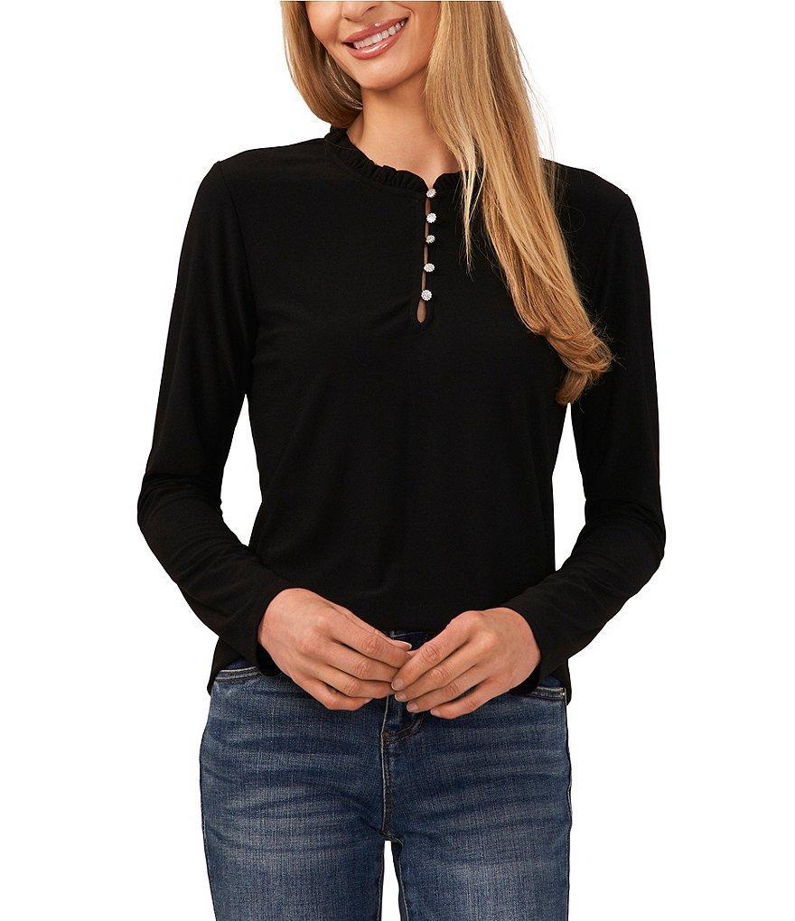 CeCe Crepe Knit Ruffle Trim Crew Neck Front Rhinestone Button Keyhole Long Sleeve Tee Product Image