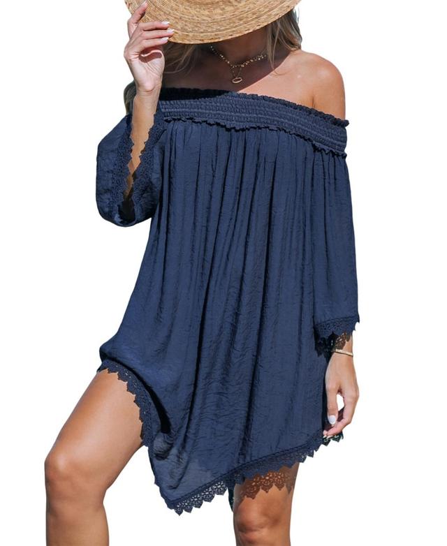 Women's Navy Off Shoulder Asymmetrical Hem Cover-Up Beach Dress Product Image