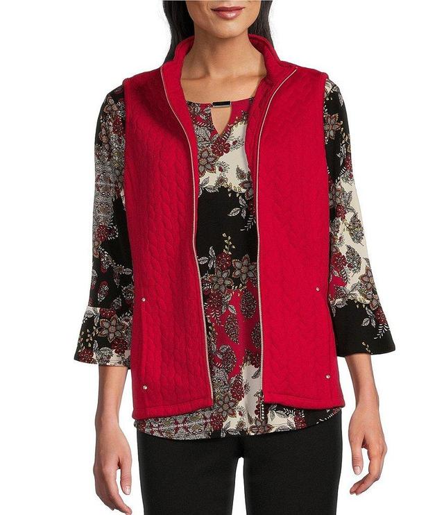 Allison Daley Sleeveless Full Zip Up Embellished Cable Knit Quilted Vest Product Image