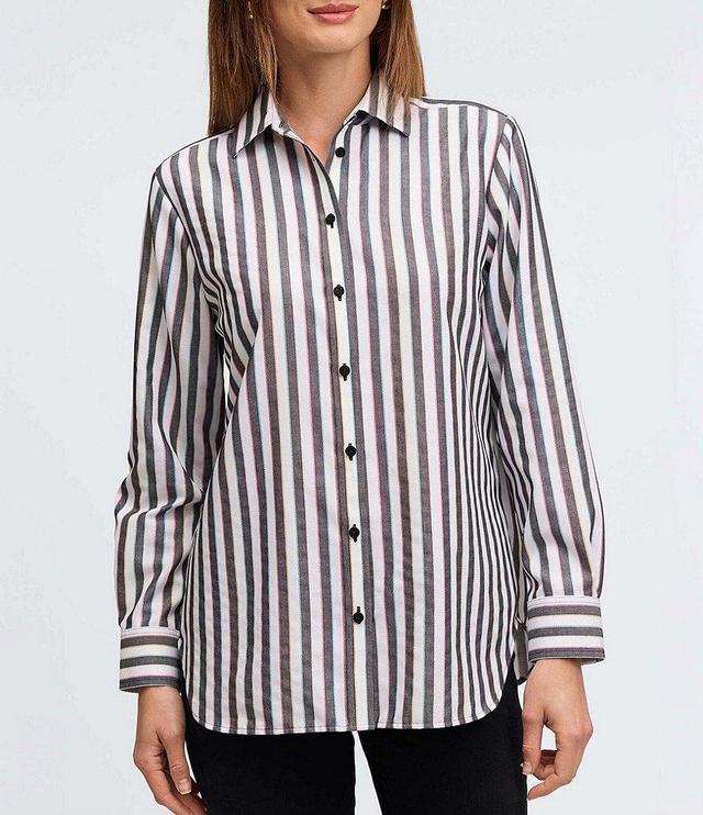 Foxcroft Frankie Stripe Collared Neckline Long Sleeve Top Product Image