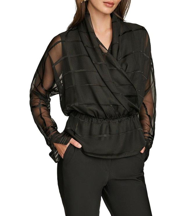 Donna Karan Burnout Woven Stripe Long Sleeve Faux Wrap Top Product Image