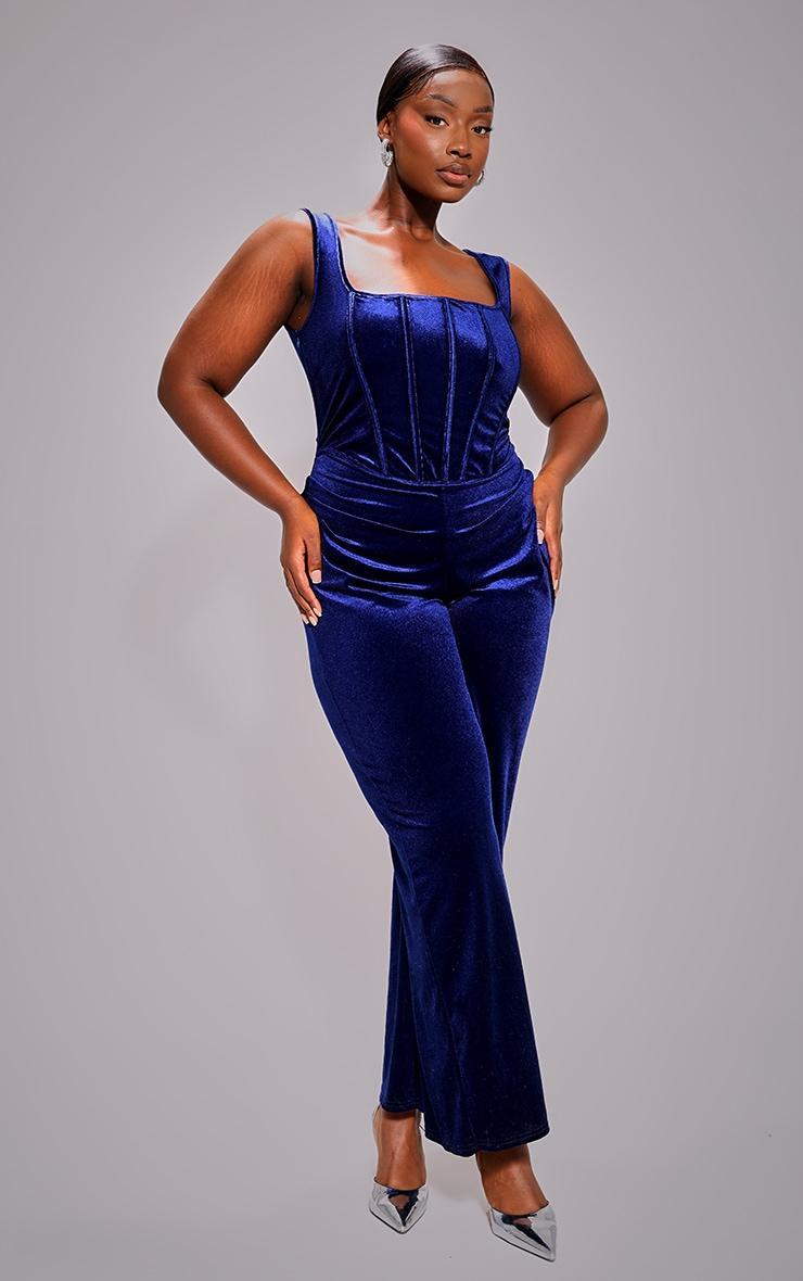 Plus Navy Velvet Corset Detail Jumpsuit Product Image