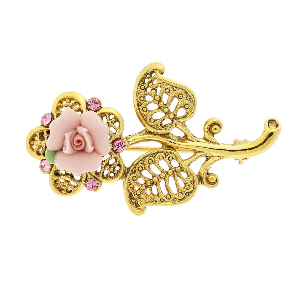 2028 Gold-Tone Pink Crystal and Porcelain Rose Brooch Product Image