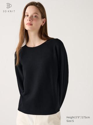 Womens 3D Knit Cotton Crew Neck Sweater Black 2XS UNIQLO US Product Image