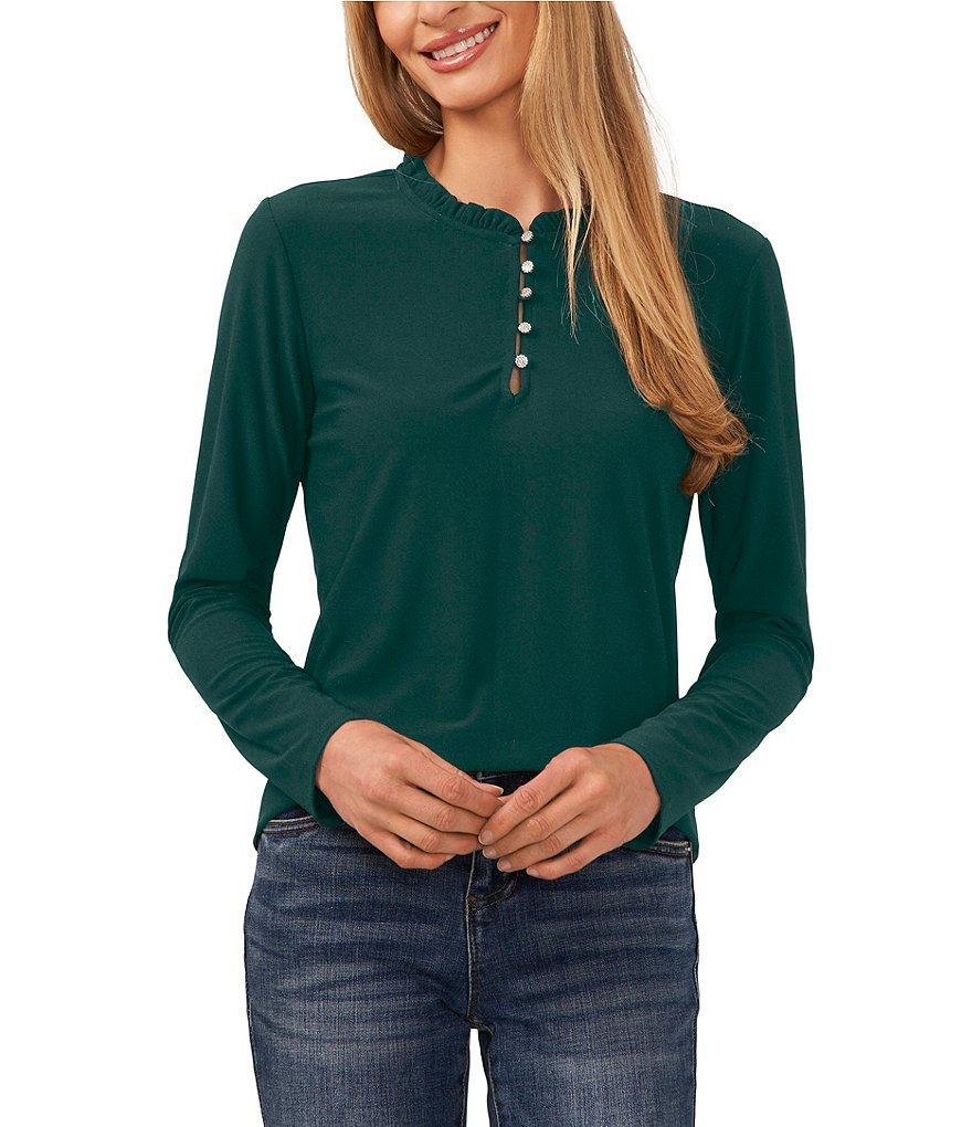 CeCe Crepe Knit Ruffle Trim Crew Neck Front Rhinestone Button Keyhole Long Sleeve Tee Product Image