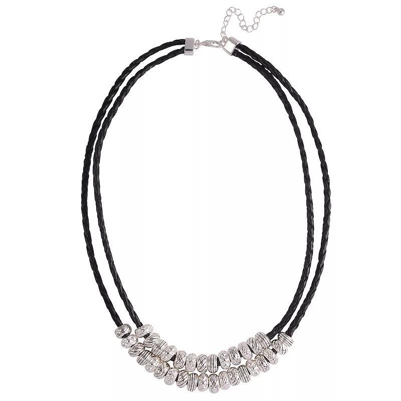 Emberly Silver Tone and Black Faux Leather Double Row Necklace, Womens Product Image