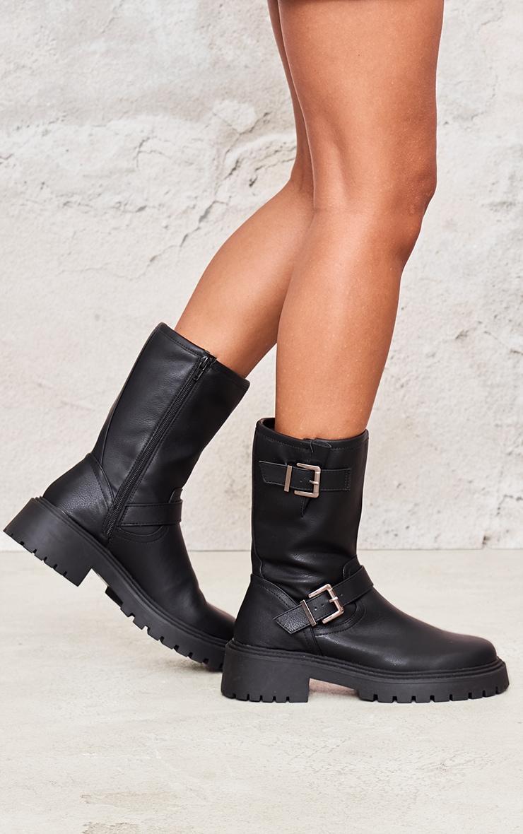 Black Buckle Detail Mid Calf Chunky Ankle Boots product image