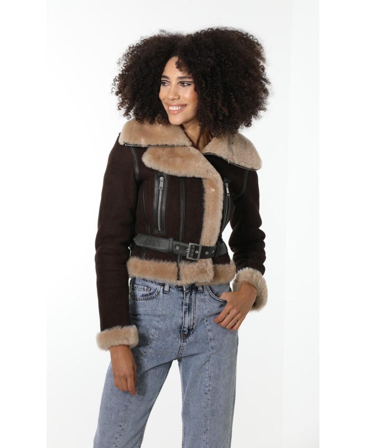 Womens Shearling Fashion Short Jacket Suede with Champagne Wool - Brown Product Image