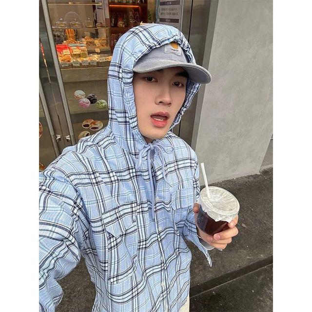 Long-Sleeve Plaid Hooded Button-Up Shirt Product Image