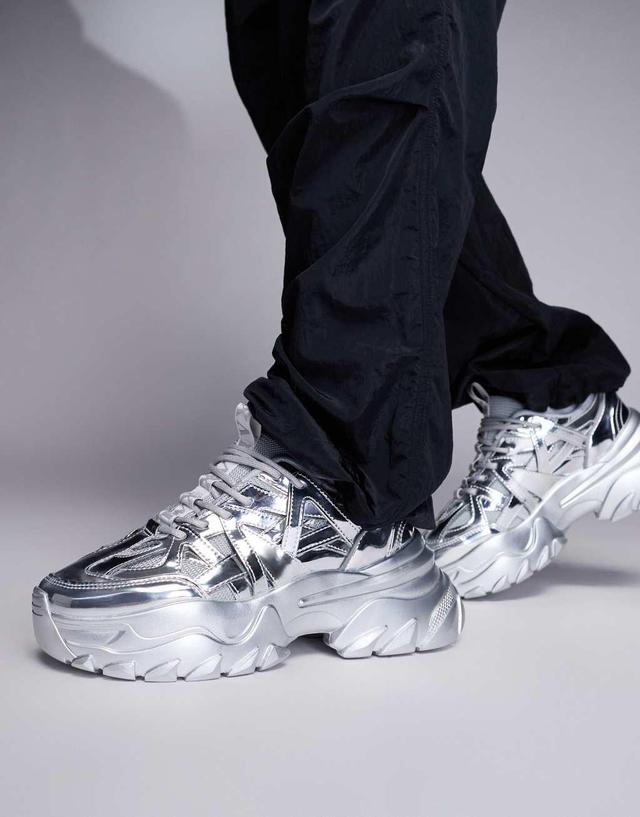 ASOS DESIGN sneakers in silver metallic with chunky soles Product Image