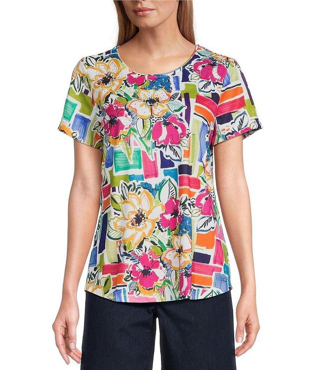 Allison Daley Petite Size Tile Bouquet Print Embellished Short Sleeve Crew Neck Art Tee Shirt Product Image