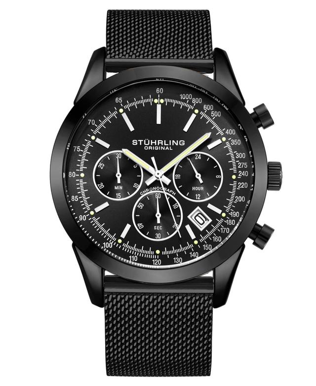 Mens Quartz Chronograph Date Black Stainless Steel Mesh Bracelet Watch 44mm Product Image