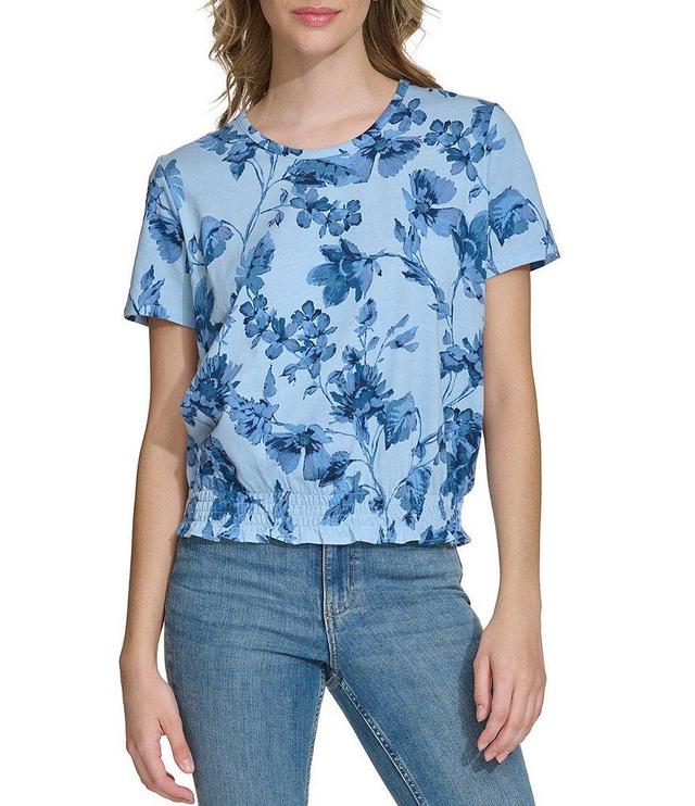 Calvin Klein Floral Print Crew Neck Short Sleeve Smocked Hem Top Product Image