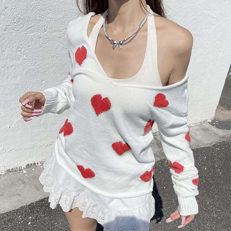 Long Sleeve Cold-Shoulder Heart Print Loose-Fit Sweater Product Image