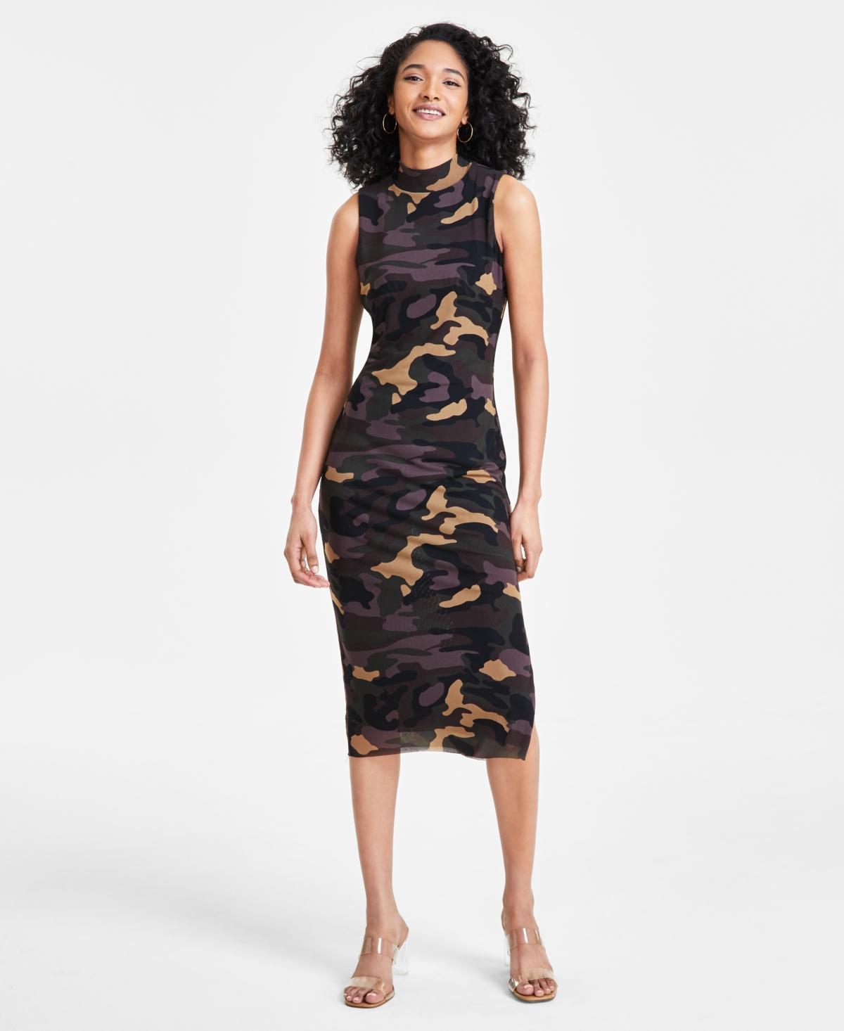 Bar Iii Womens Camo-Print Mock-Neck Sleeveless Mesh Midi Dress, Created for Macys Product Image