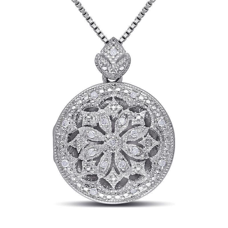 Stella Grace Sterling Silver 1/10 Carat T.W. Diamond Floral Locket Necklace, Womens White Product Image