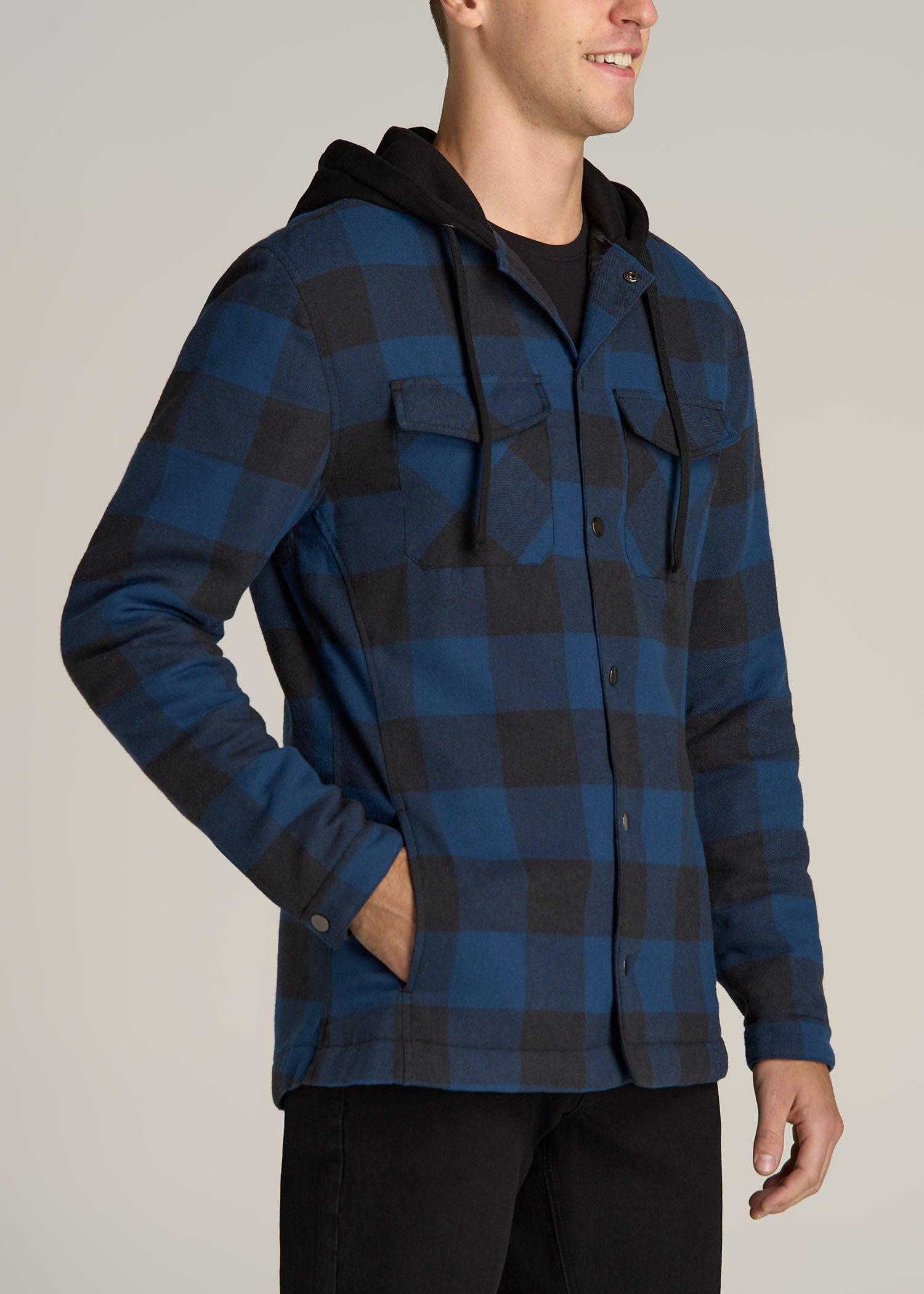 Hooded Flannel Shirt Jacket for Tall Men in Black and Blue Check Product Image