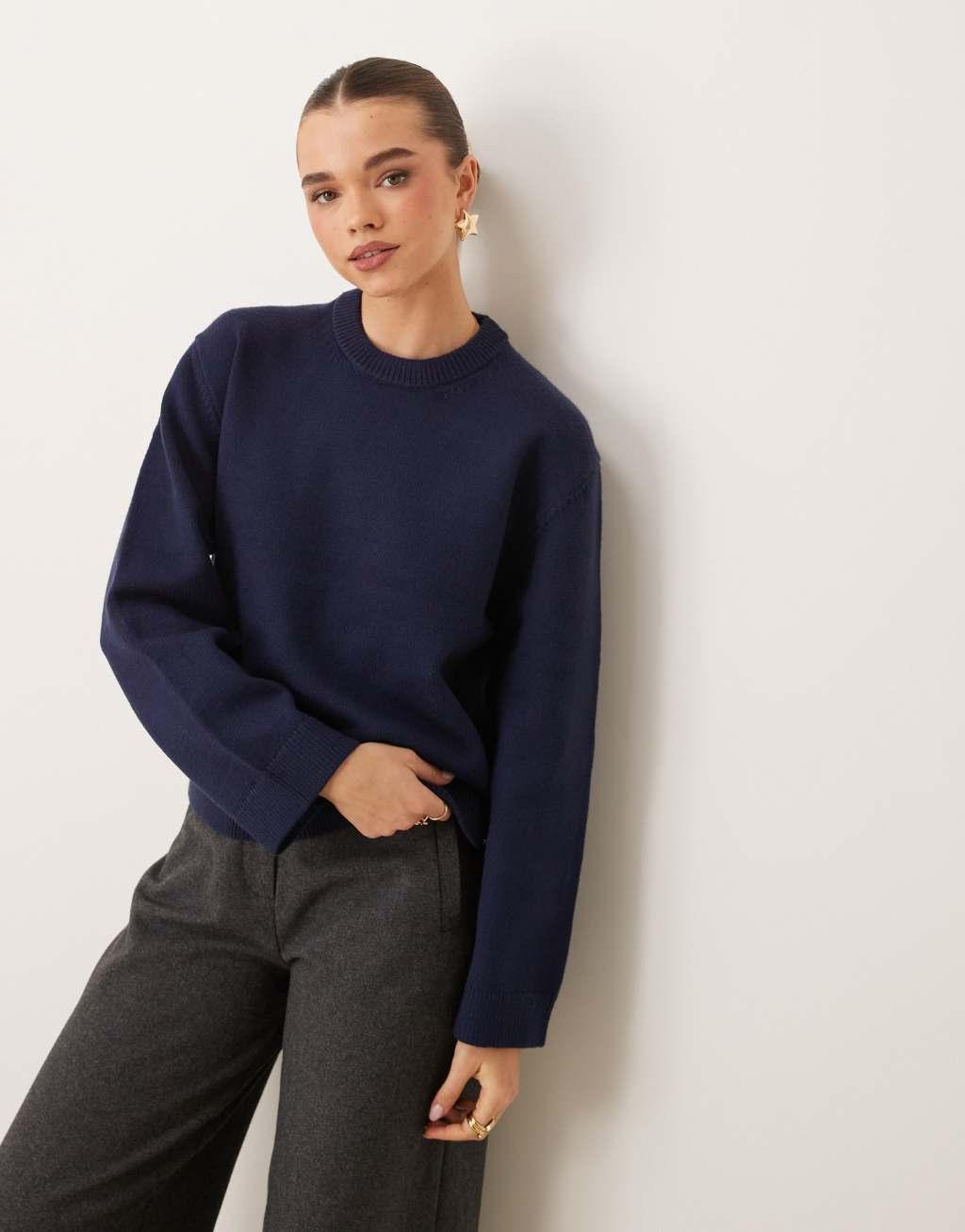 Gina Tricot crew neck knitted sweater with wide sleeves in blue Product Image