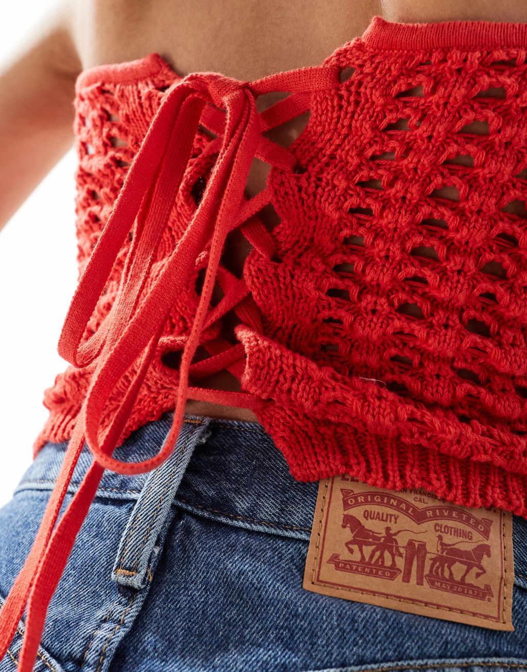 ASOS DESIGN knit bandeau crochet top in red Product Image