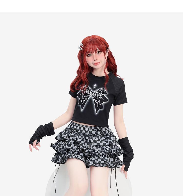 Set: Short-Sleeve Round Neck Bow Print Raglan Crop T-Shirt + Long Gloves Product Image