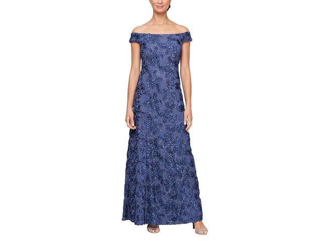 Alex Evenings Off-the-Shoulder Long Rosette Lace A-Line Dress (Violet) Women's Dress Product Image