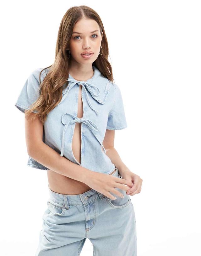 ASOS DESIGN denim collar top in mid blue Product Image