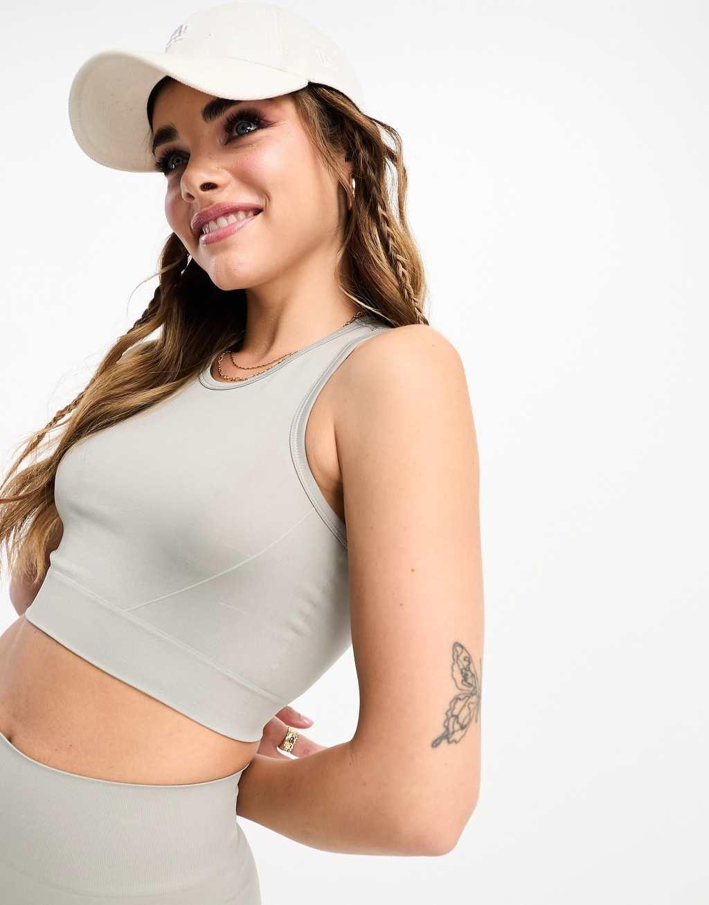 Pull&Bear seamless racer neck cropped top in gray - part of a set product image