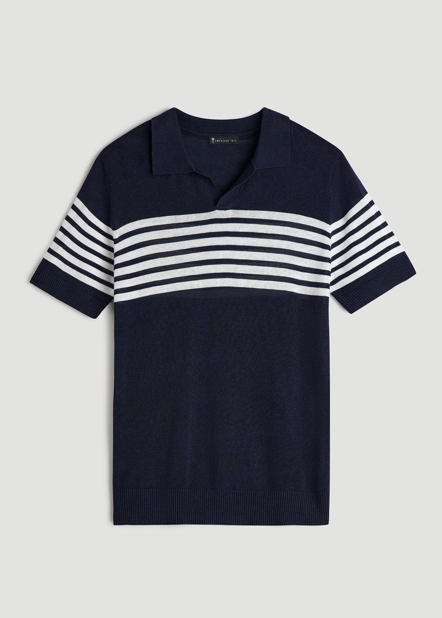 Striped Linen Blend Tall Men's Polo Shirt in Blue and White Stripe Product Image