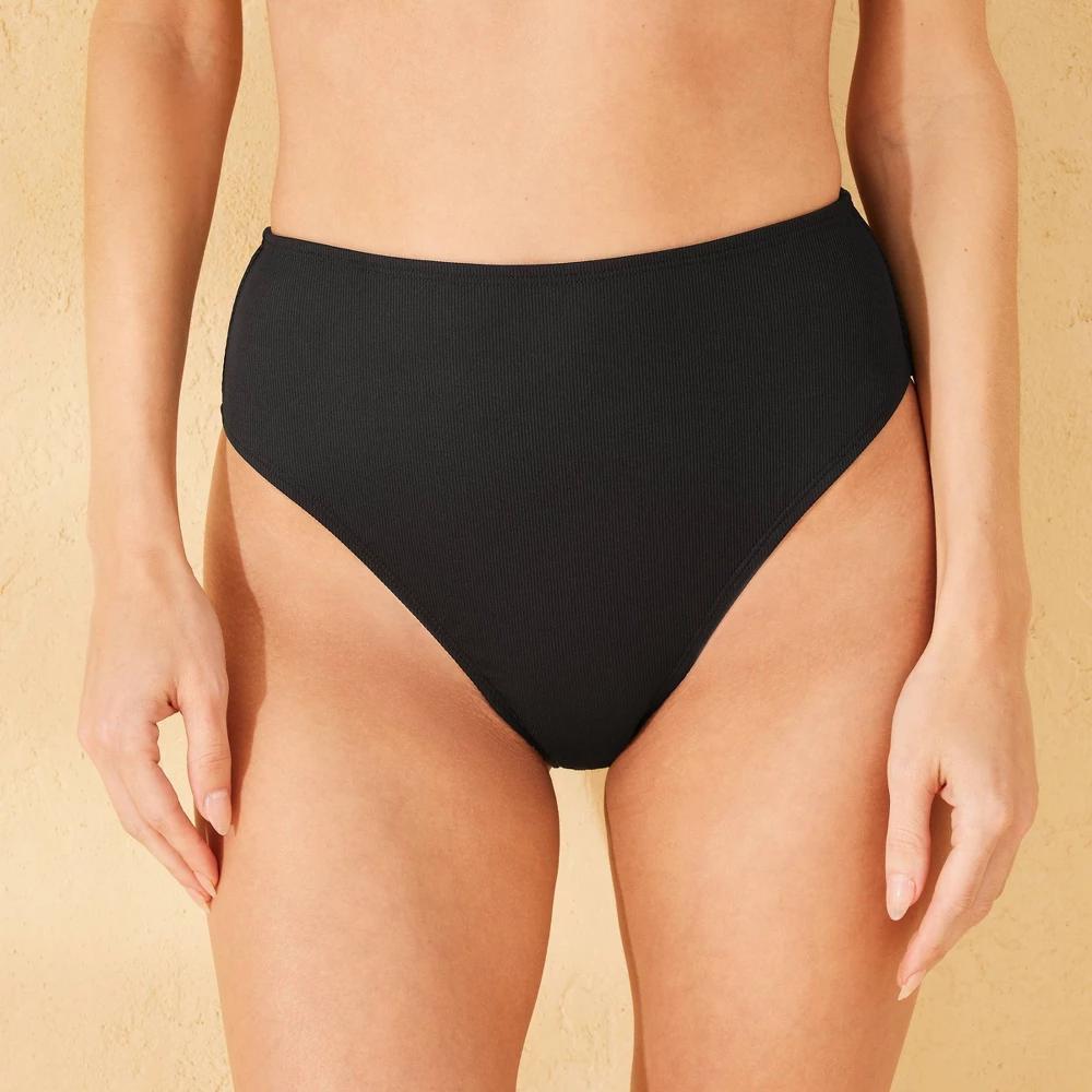 Womens Ribbed High Waist Cheeky Bikini Bottom - Shade & Shore Black XS Product Image