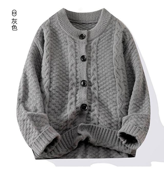 Crew Neck Plain Cable Knit Button-Up Cardigan Product Image