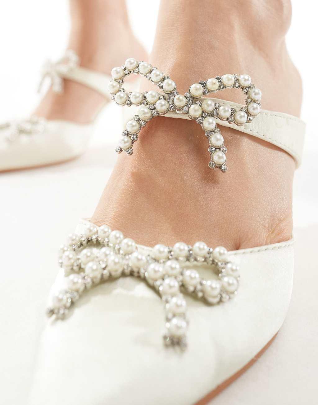 Glamorous Wide Fit Bridal pearl embellished bow heeled mules in ivory satin Product Image