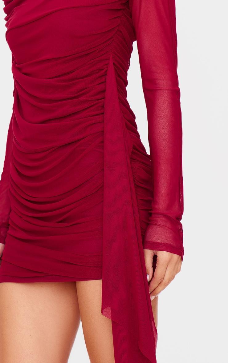 Burgundy Mesh Long Sleeve Foldover Drape Mini Dress Product Image