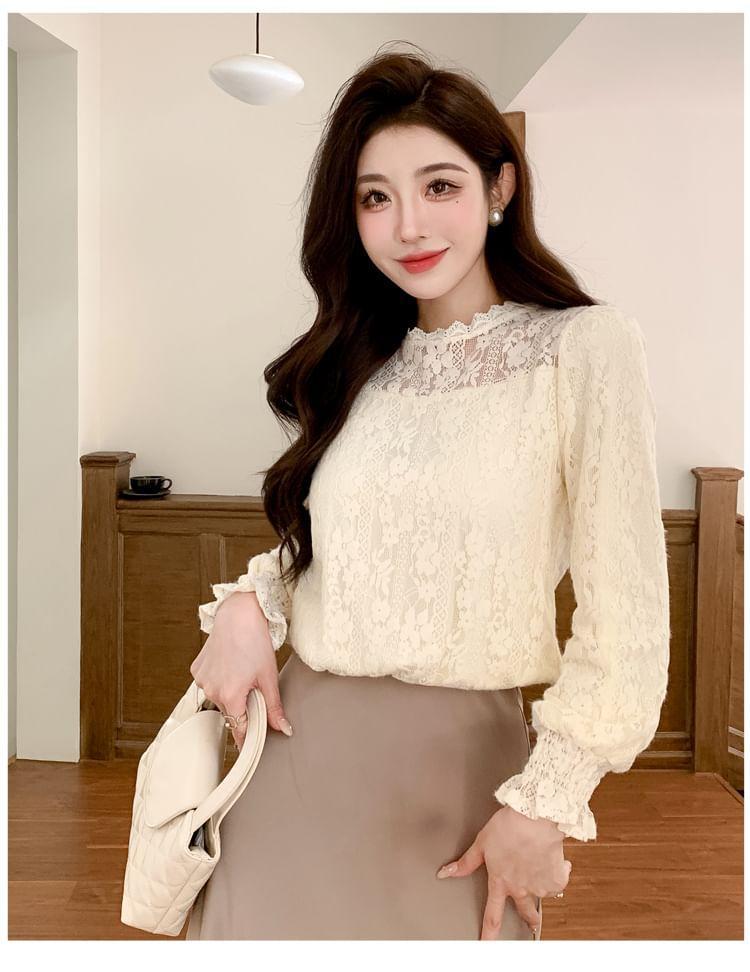 Long Sleeve Stand Collar Plain Lace Blouse Product Image