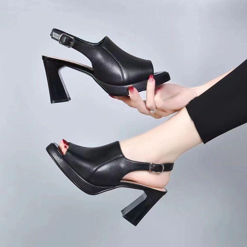 Block Heel Faux Leather Peep Toe Sandals Product Image