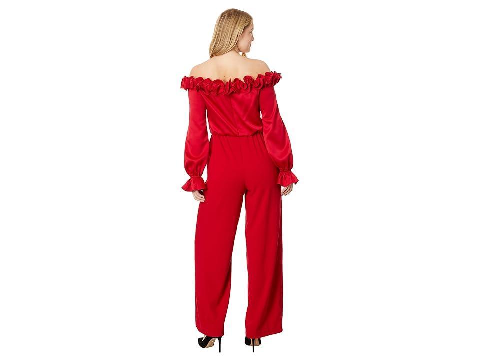 Adrianna Papell Satin Crepe Off the Shoulder Rosette Jumpsuit (Hot Ruby) Women's Jumpsuit & Rompers One Piece Product Image