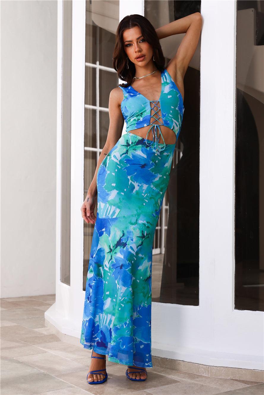 Refreshing Splash Mesh Maxi Dress Blue Product Image