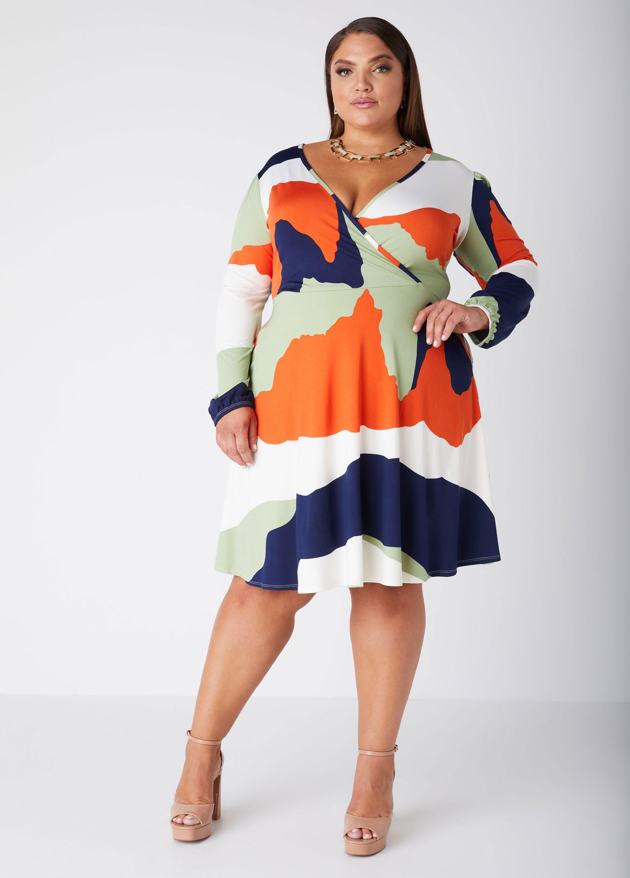 Plus Size Abstract Faux Wrap Dress Ashley Stewart Product Image