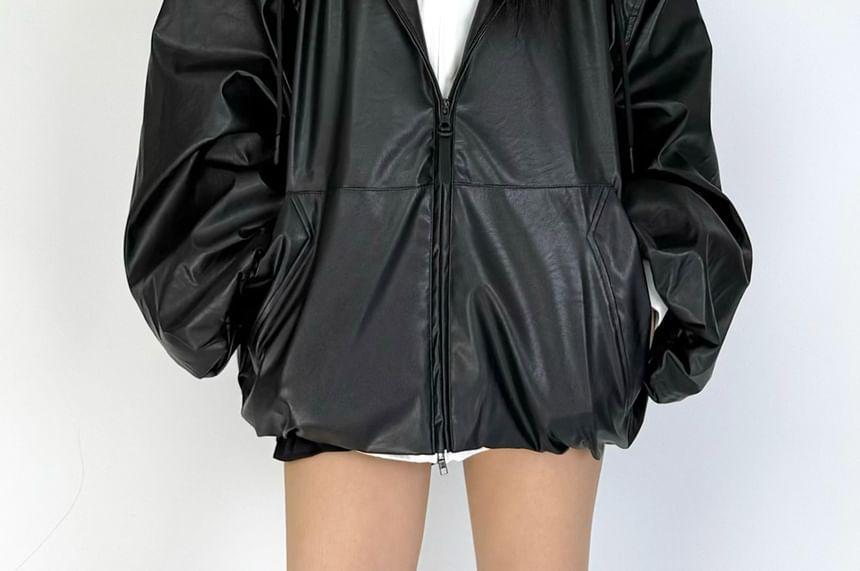 Plain Hood Faux Leather Zip Jacket Product Image