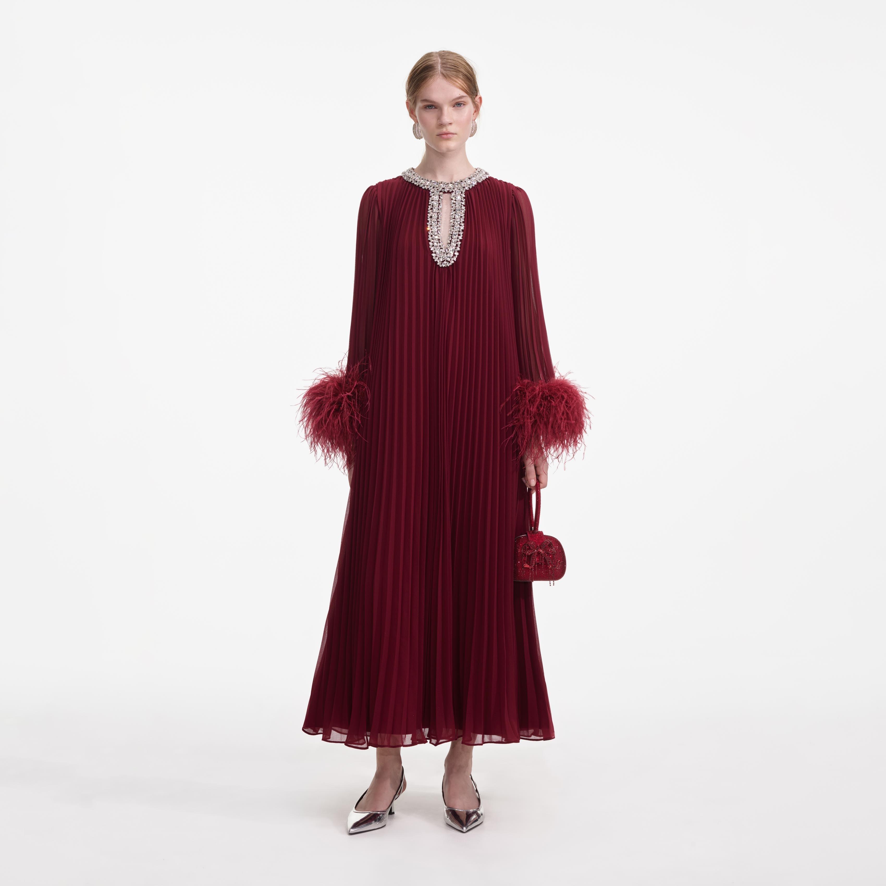 Burgundy Chiffon Feather Midi Dress product image