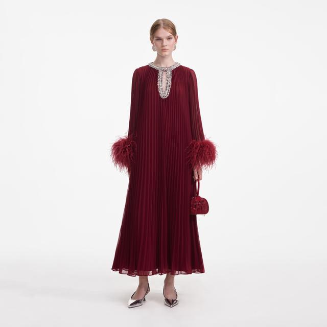 Burgundy Chiffon Feather Midi Dress Product Image