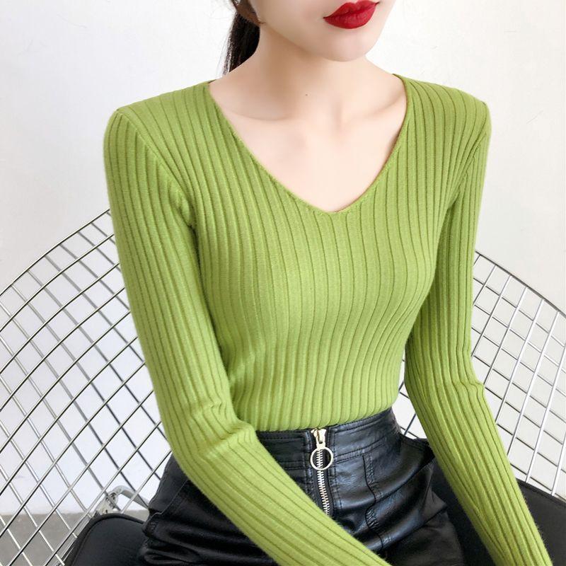 Long-Sleeve V-Neck Plain Knit Top Product Image