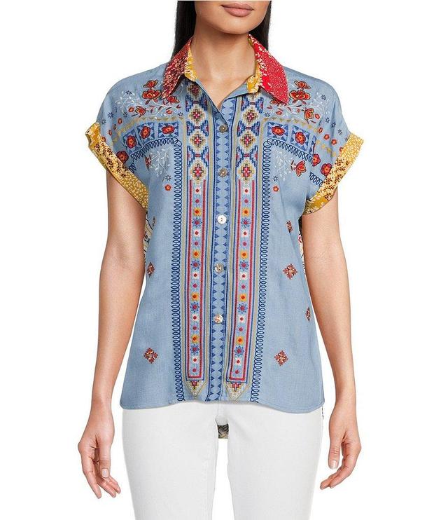 John Mark Embroiderd Eyelet Ditsy Floral Print Point Collar Short Fold Up Cuff Sleeve Button Front Tunic Product Image