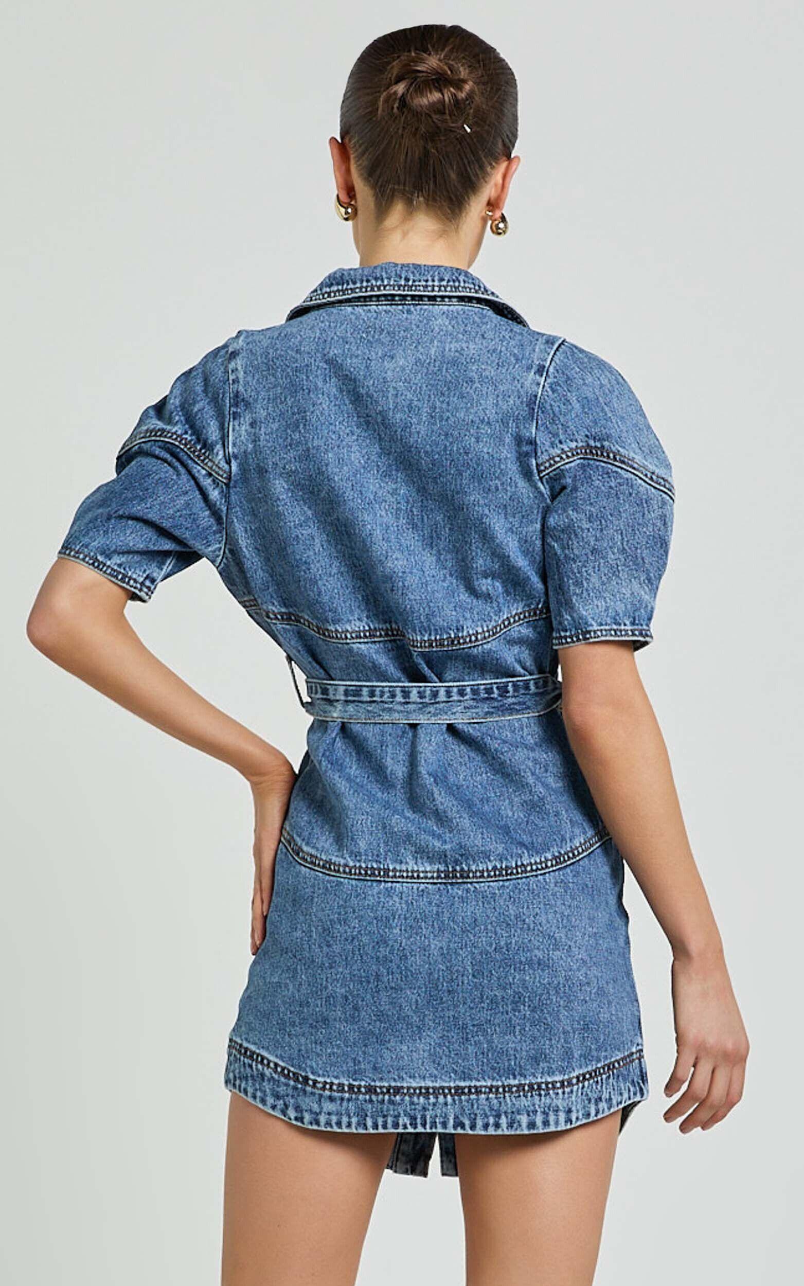 Cannes Mini Dress - Button Through Belted Recycled Denim Dress in Mid Blue Wash Product Image