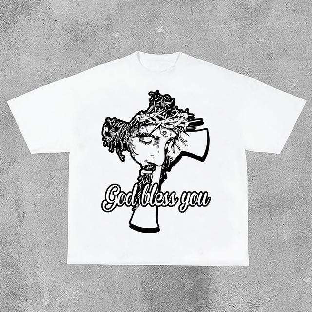 Jesus Portrait Cross God Bless You Print Cotton T-Shirt Product Image