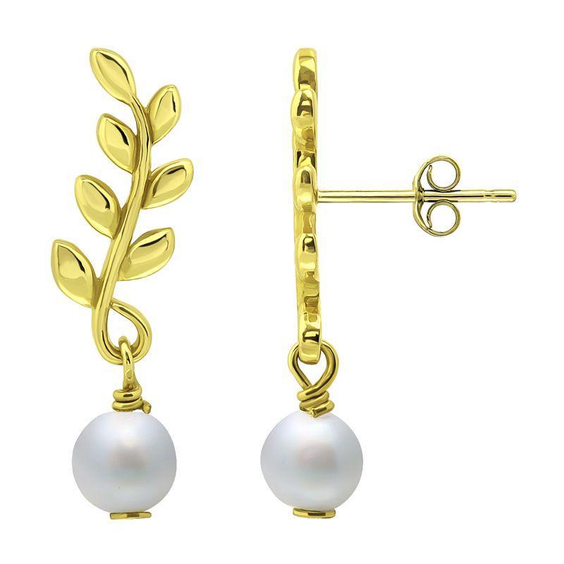 Aleure Precioso 18k Gold Over Silver Leaf & Freshwater Cultured Pearl Drop Earrings, Womens, Gold Tone Product Image