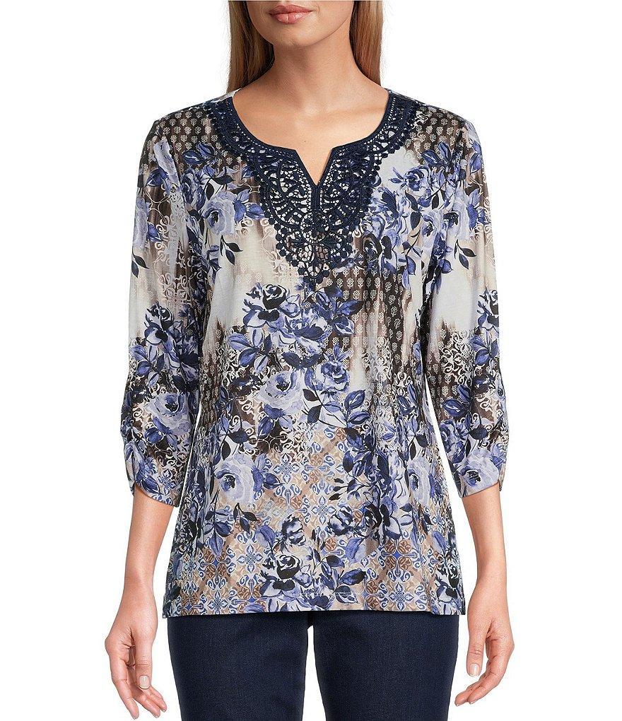 Allison Daley Embellished Applique Split Round Neck 3/4 Ruched Sleeve Foulard Floral Print Knit Top Product Image