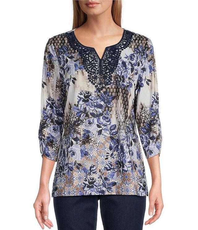 Allison Daley Petite Size Embellished Applique Split Round Neck 3/4 Ruched Sleeve Foulard Floral Print Knit Top Product Image